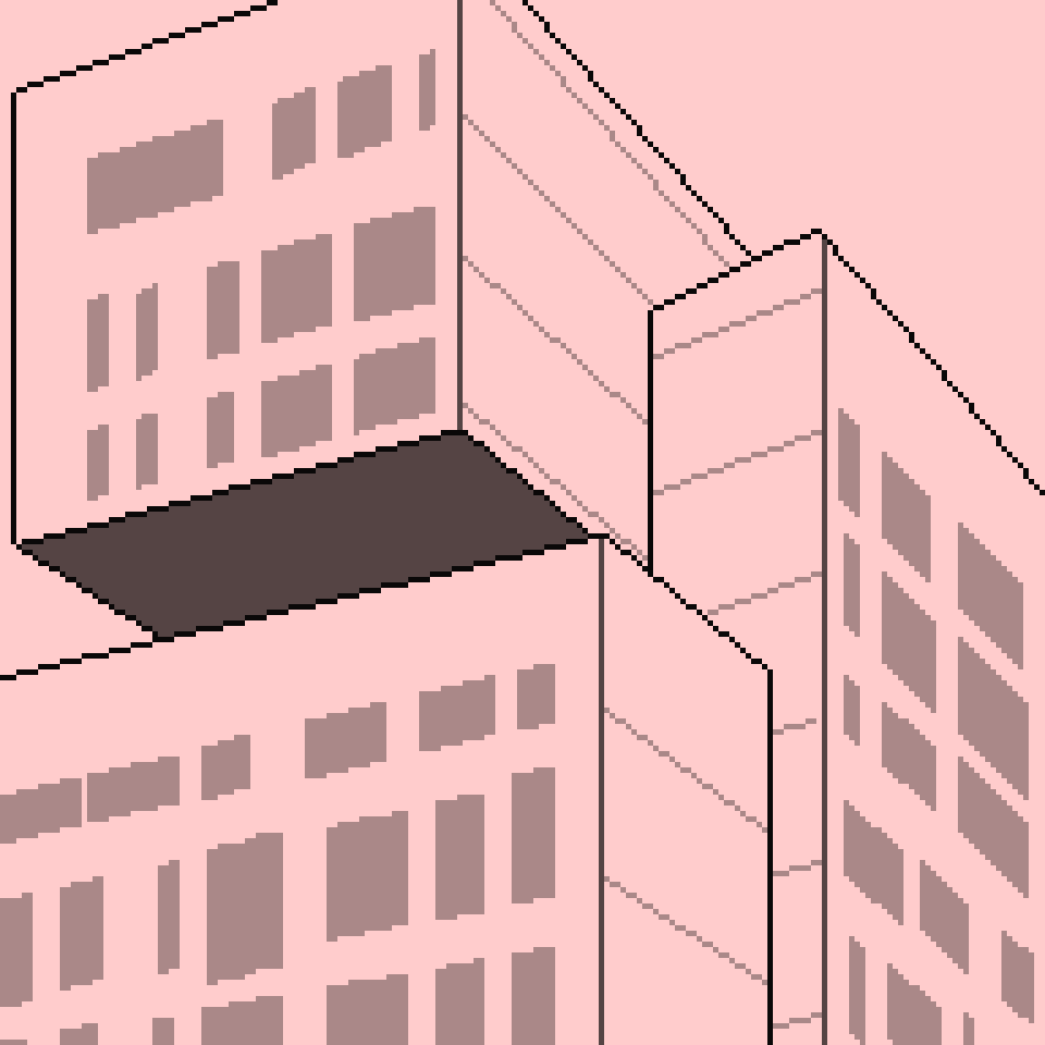 A four color picture of a building.